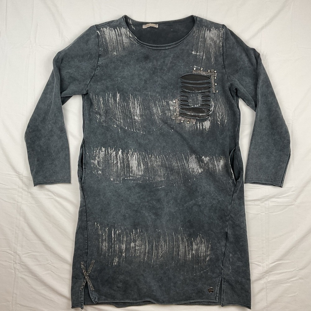 Leticia Distressed Tunic Dress Womens XL Gray‎ Acid Wash Embellished Edgy Grunge